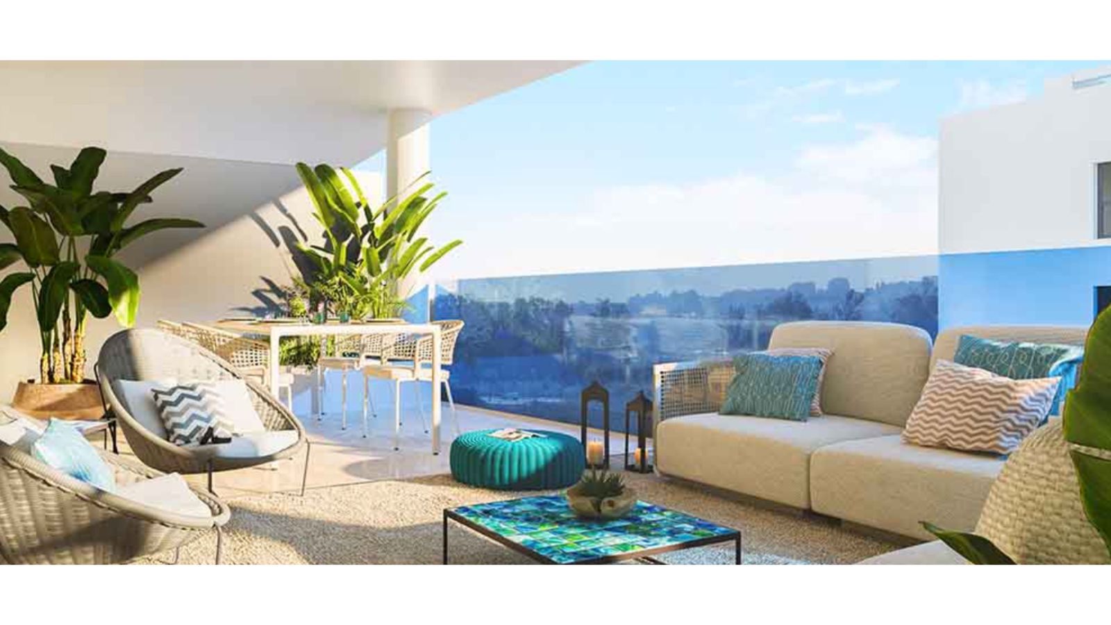 Balkon van Jardines de las Lagunas met uitzicht, zitmeubelen en eettafel.